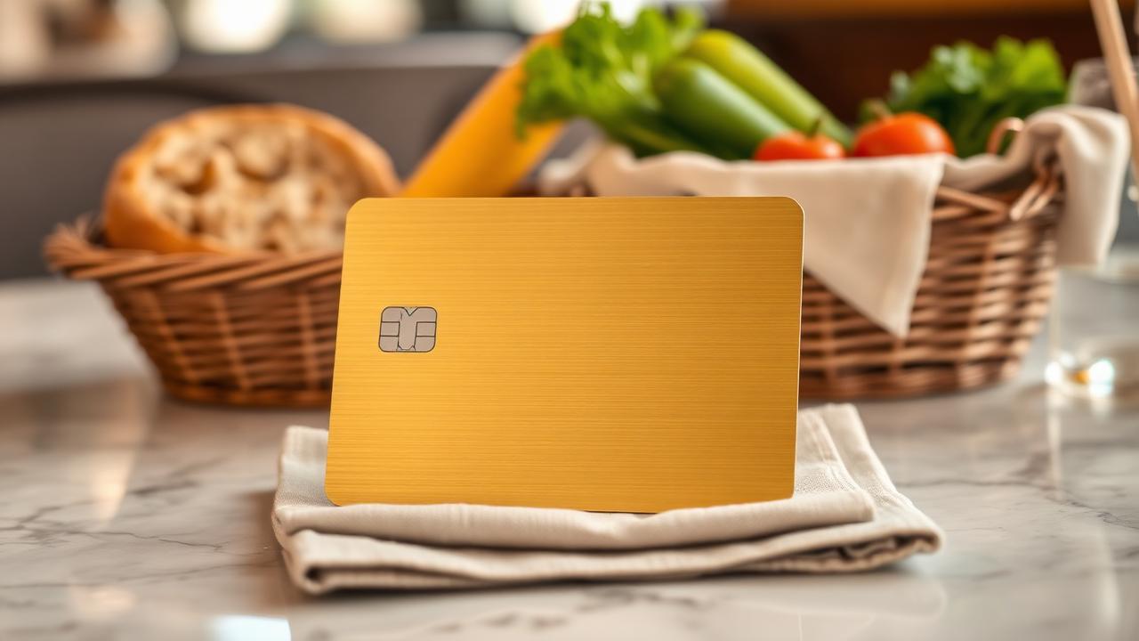 Tarjeta dorada sobre una mesa de restaurante con comida fresca