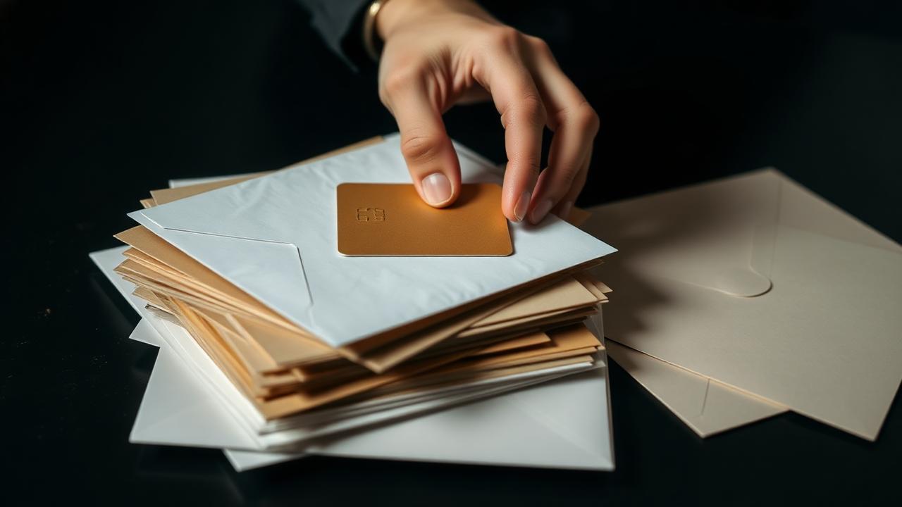 Pila de sobres y estados de cuenta con una tarjeta de credito encima