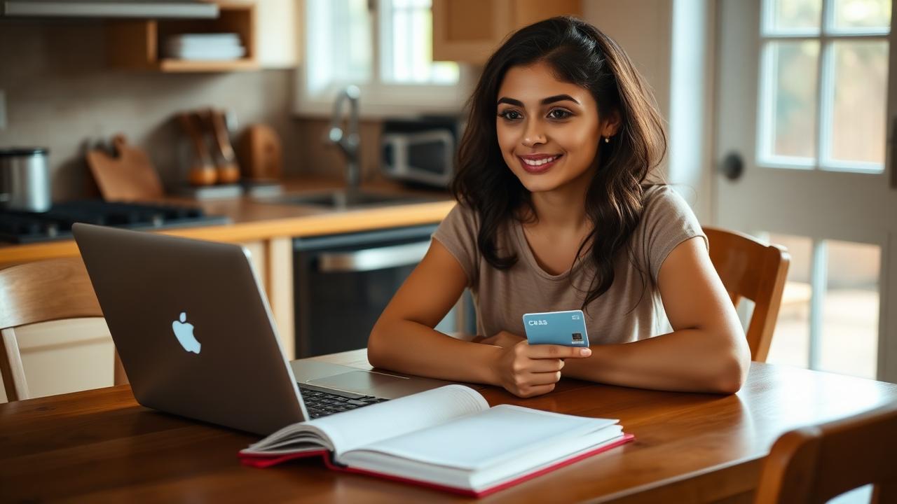 Persona recien llegada a Estados Unidos revisando su credito en la laptop con una tarjeta sobre la mesa