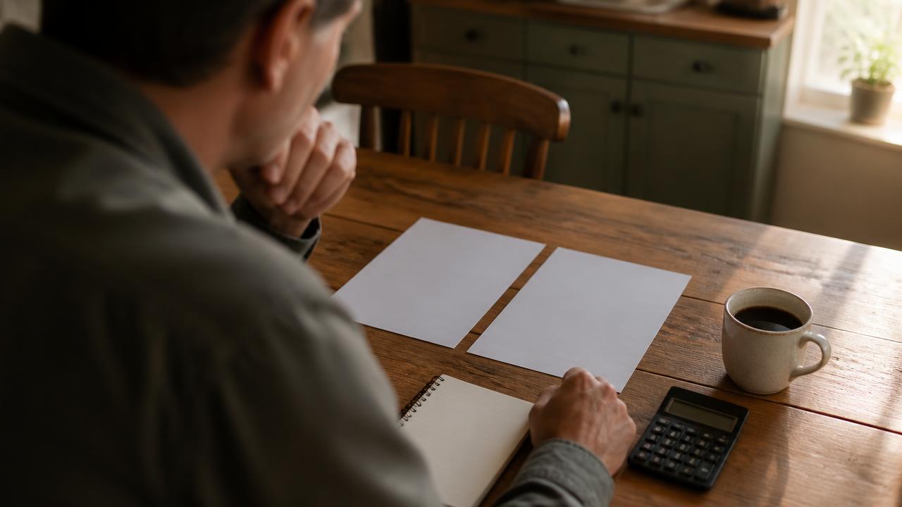 Persona comparando dos ofertas de prestamo personal en la mesa de la cocina junto a una libreta de presupuesto y una calculadora