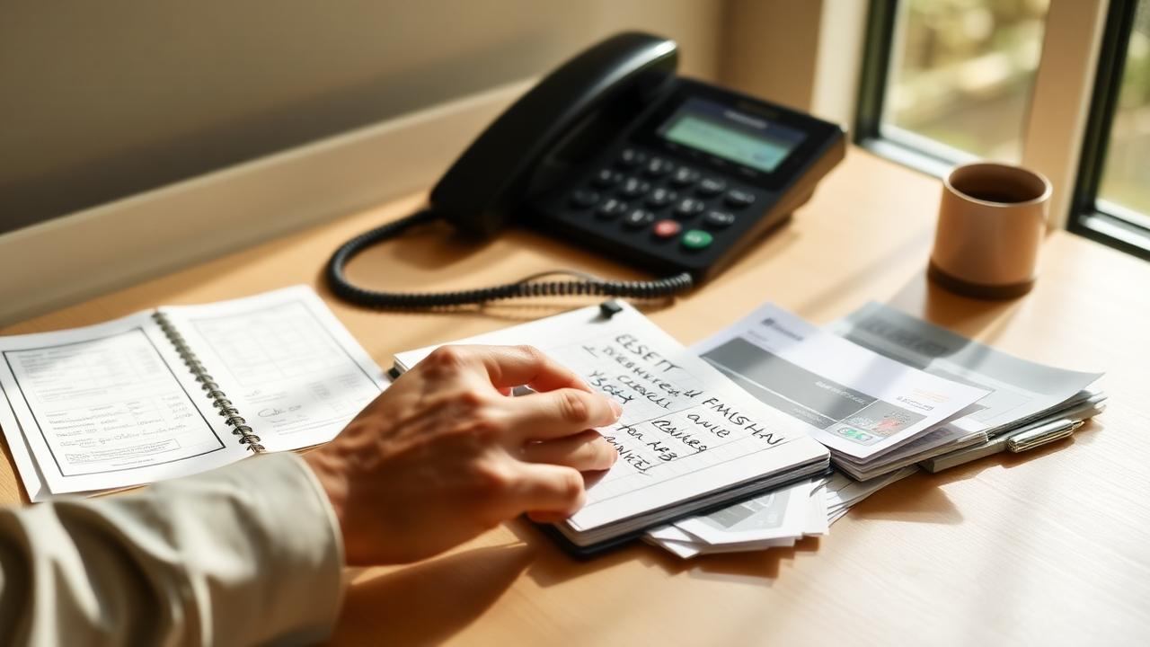 Escritorio con estados de cuenta, libreta y telefono para negociar una deuda de tarjeta de credito