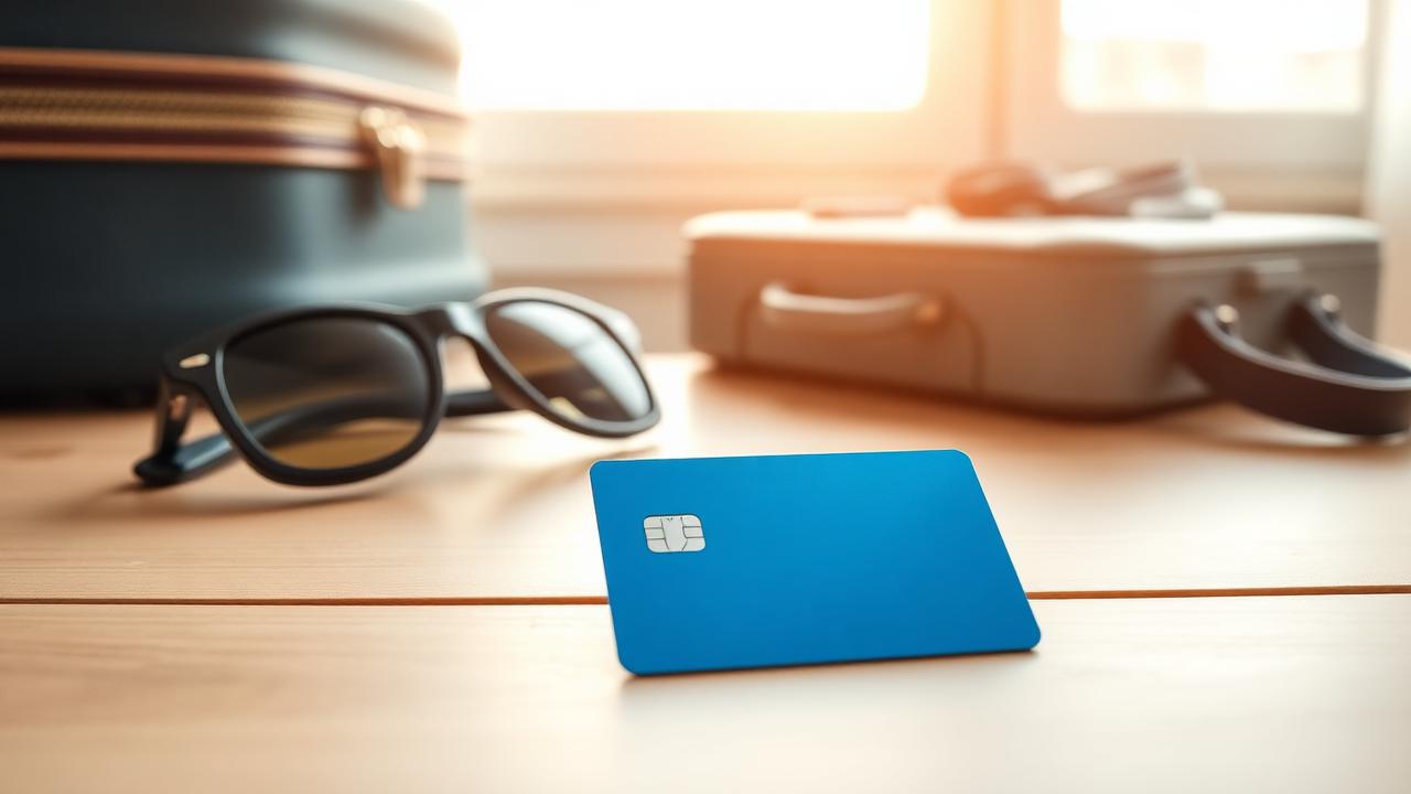 Tarjeta azul junto a lentes de sol y maleta lista para viajar