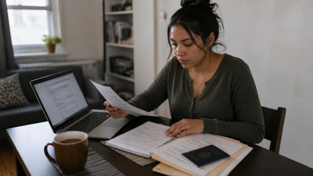Mujer recien llegada a Estados Unidos revisando documentos y una laptop para abrir su primera cuenta bancaria