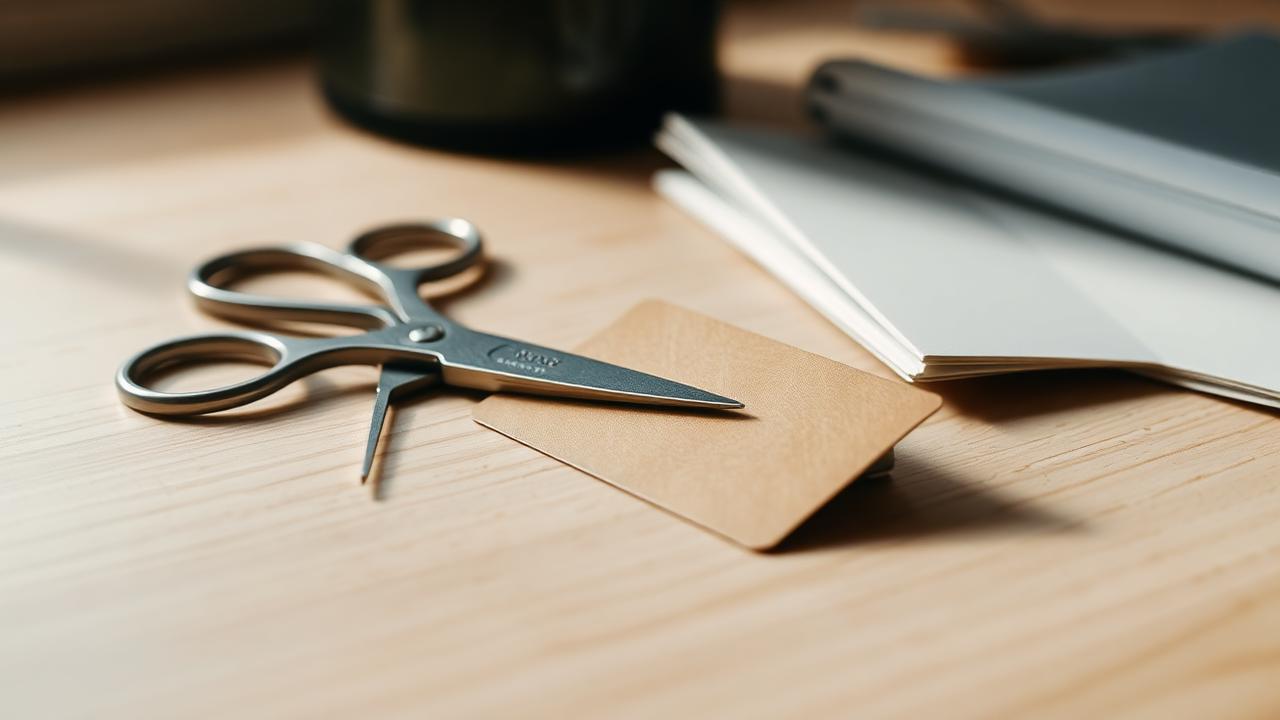 Tijeras junto a una tarjeta de credito antigua sobre un escritorio de madera