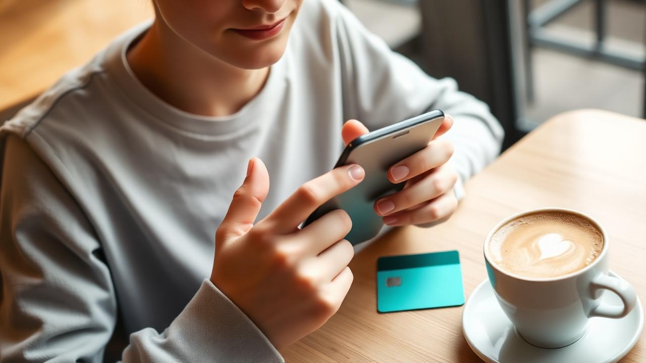 Persona usando una app de finanzas en el telefono junto a una tarjeta para construir credito