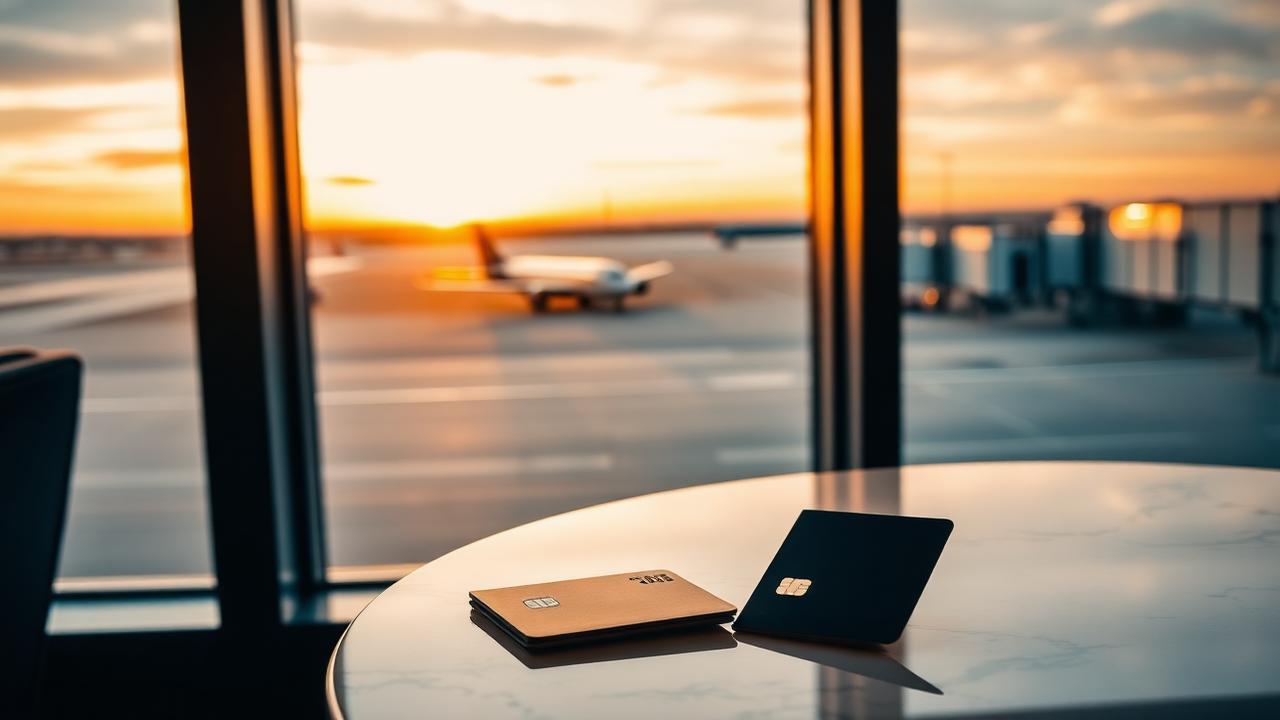 Sala de espera de aeropuerto al atardecer con una tarjeta premium sobre la mesa