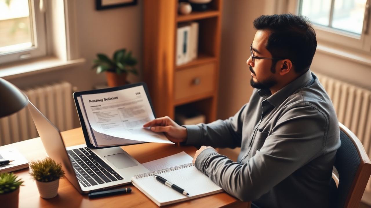 Emprendedor inmigrante revisando documentos de su negocio junto a una laptop y una libreta en su escritorio en casa