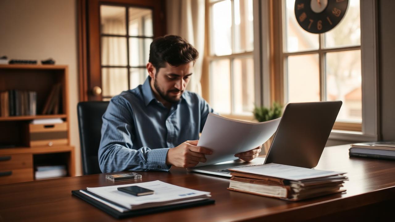Dueno de un pequeno negocio revisando documentos financieros y una tarjeta empresarial junto a una laptop en su escritorio en casa