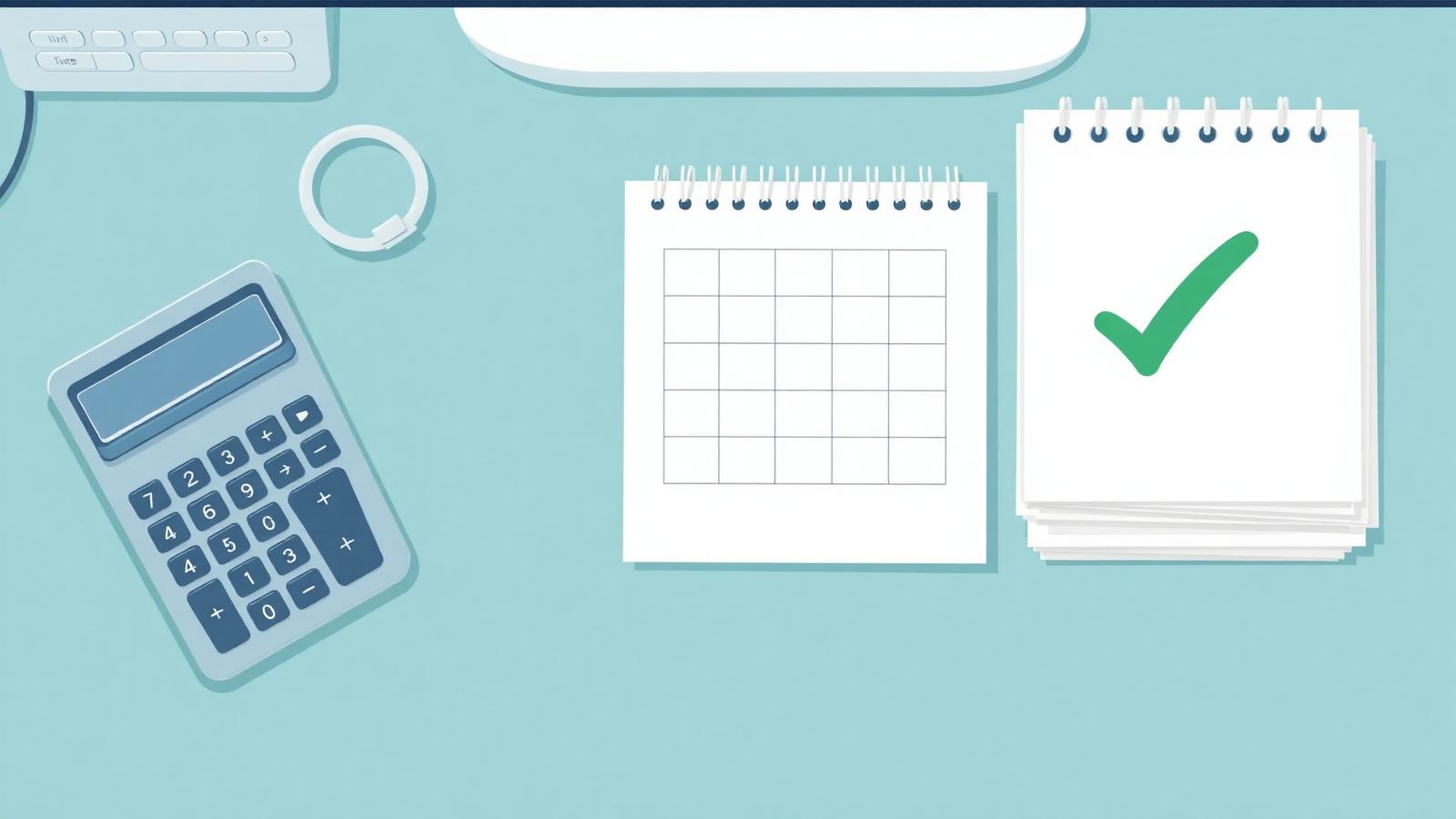 Escritorio ordenado visto desde arriba con una calculadora, un calendario de pagos mensuales y documentos con una marca de verificacion, representando un plan de pagos del IRS